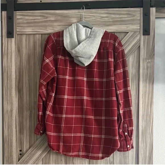 PacSun Red and Gray Plaid Button Down Hoodie Size Large - Picture 3 of 8